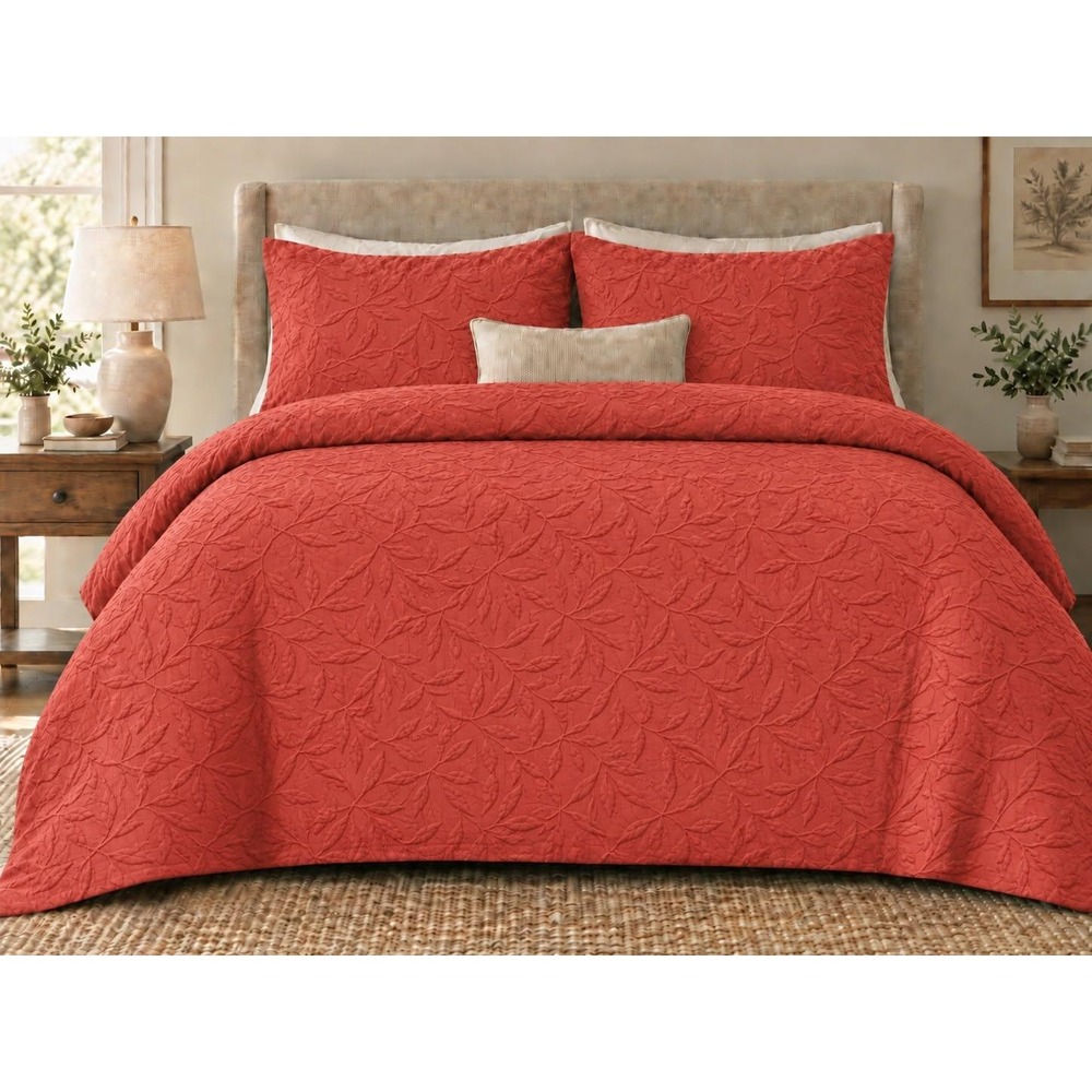 LinenSource King Matelasse Cotton Duvet Red Burgundy Terracotta Leaf Textured